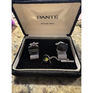 Vintage Art Deco Silver Toned Dante GENUINE Onyx Cuff Links Tie Tac In Original